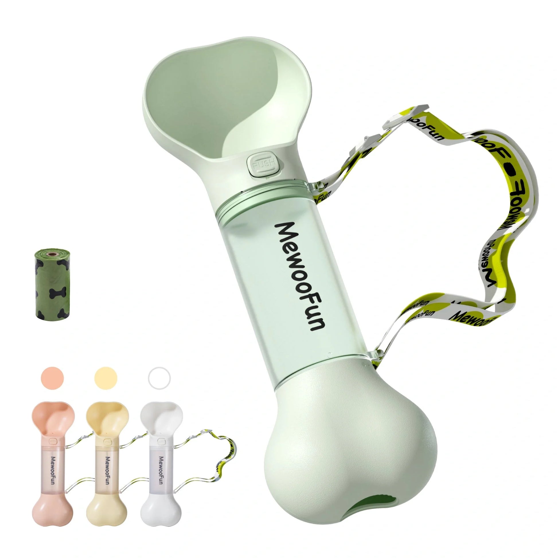 Mewoofun 2-in-1 leak-proof pet water bottle with adjustable strap and poop bag storage