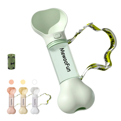 Mewoofun 2-in-1 leak-proof pet water bottle with adjustable strap and poop bag storage
