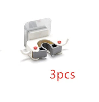 Adhesive wall-mounted mop and broom holder with double hooks for storing cleaning tools, available in multiple colors.