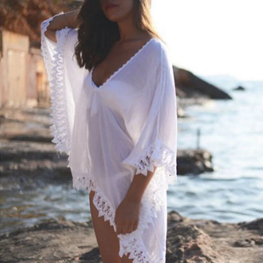 Women's cotton beach bikini lace white blouse for swimming and wading