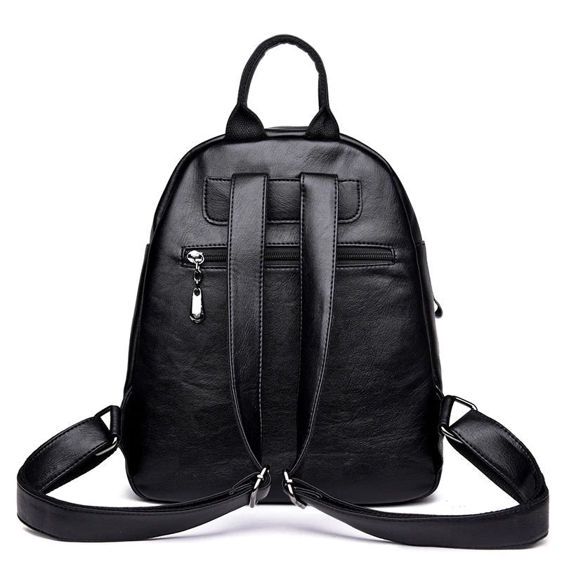 Stylish PU backpack in black, red, and blue colors with multiple compartments and adjustable straps for versatile and organized storage