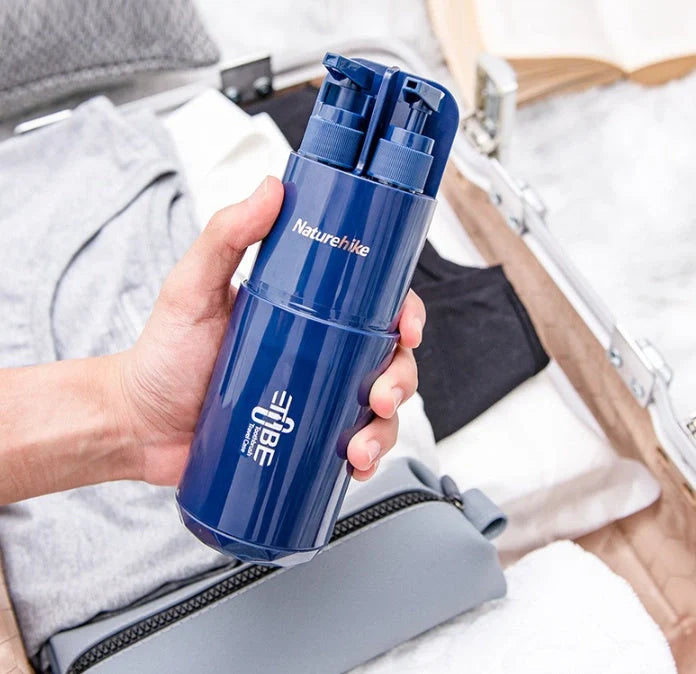 Multifunctional wash cup set including bottles, cup, mirror, and comb in durable PC and ABS materials
