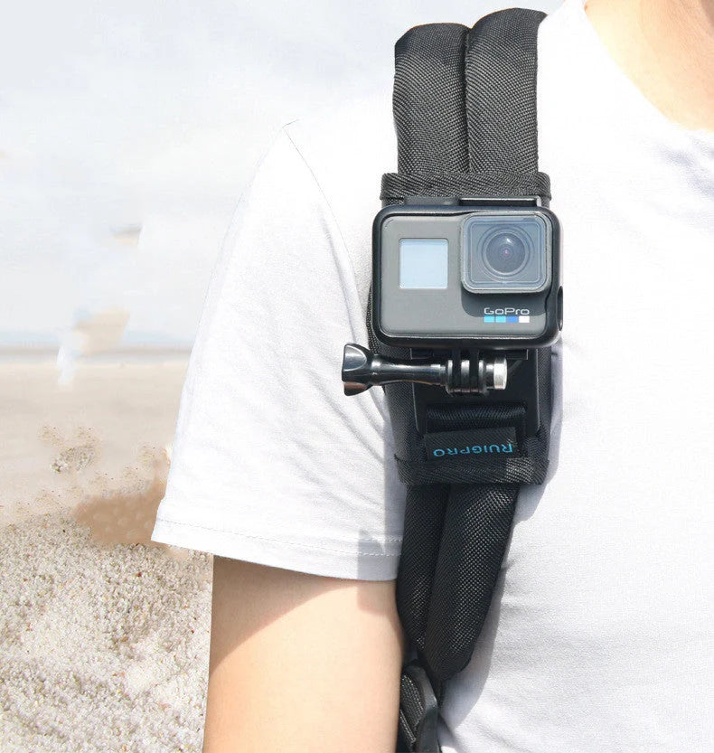 Camera backpack clip holder in black, made from POM/PVC plastic and polyester cloth, weighing 69.5 g