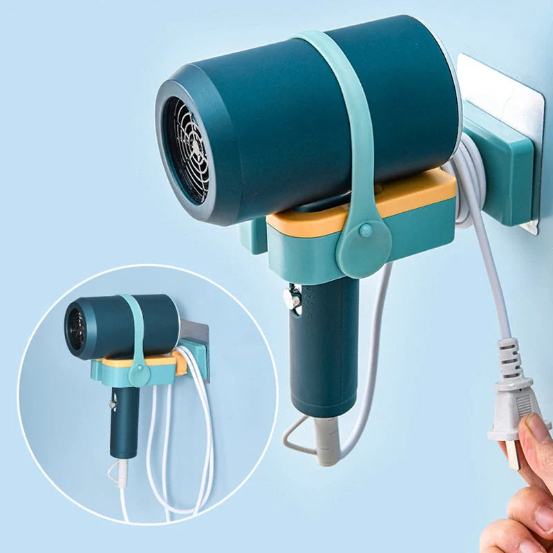 Wall-mounted hairdryer rack with silicone fixing belt and 180° rotation
