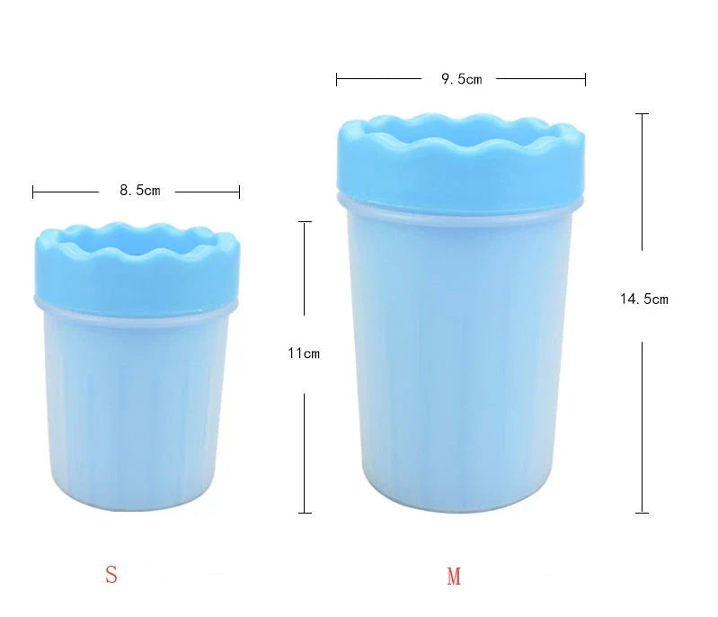 Silicone Dog Paw Washer Cup in various colors and sizes, featuring soft bristles for gentle cleaning.