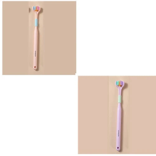 Soft bristle toothbrush with 3-sided brush head for thorough dental cleaning
