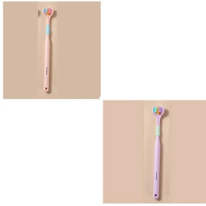 Soft bristle toothbrush with 3-sided brush head for thorough dental cleaning