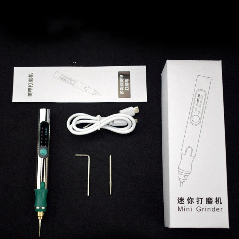 Rechargeable engraving pen with adjustable speed, mini grinder, and various accessories for personalization and crafting