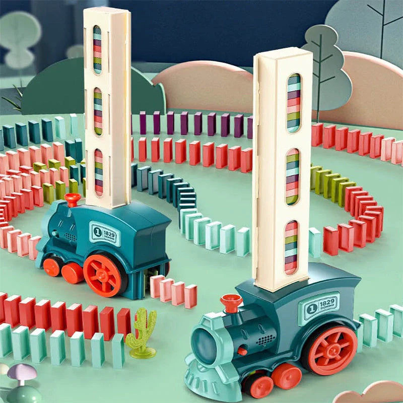 Automatic Licensing Dominoes Electric Train Set for infants with dominoes and delivery box