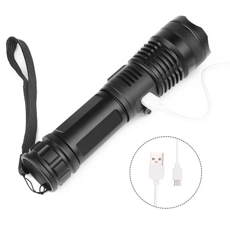 A durable, waterproof USB rechargeable flashlight with adjustable zoom and powerful LED light.
