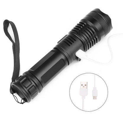 A durable, waterproof USB rechargeable flashlight with adjustable zoom and powerful LED light.