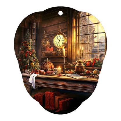 Festive car ornament hanging from rearview mirror with Christmas designs