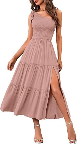 Stylish one-shoulder dress with pleated details, asymmetrical hemline, and leg-baring side slit in various colors