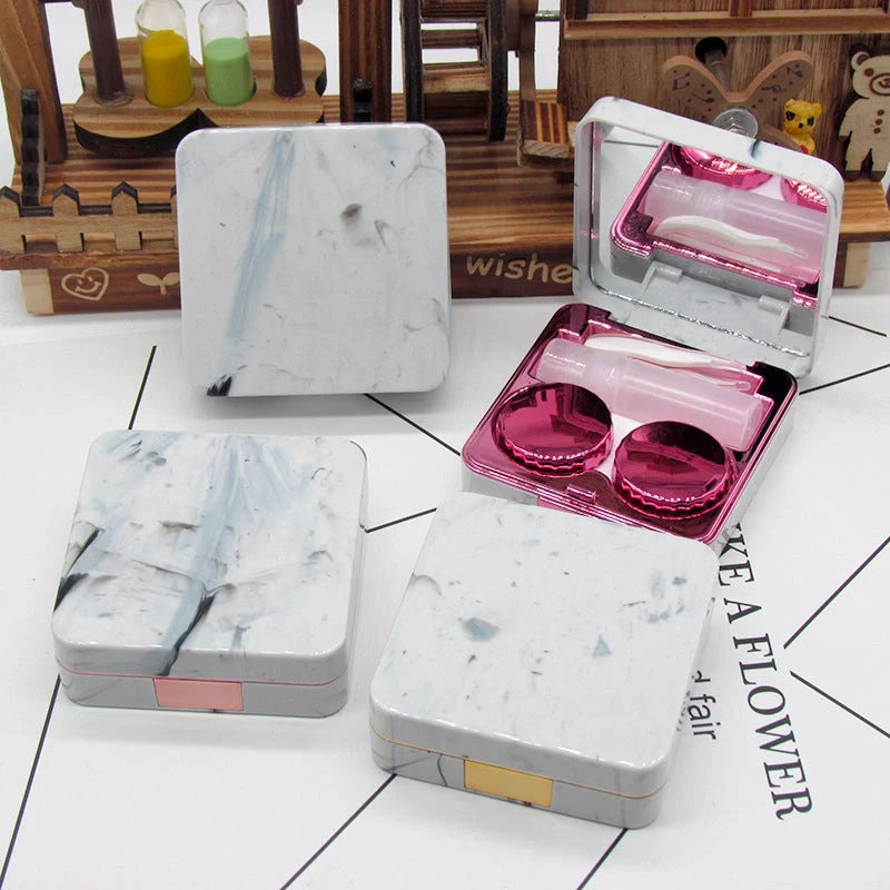 Square marble design contact lens case with mirror and accessories