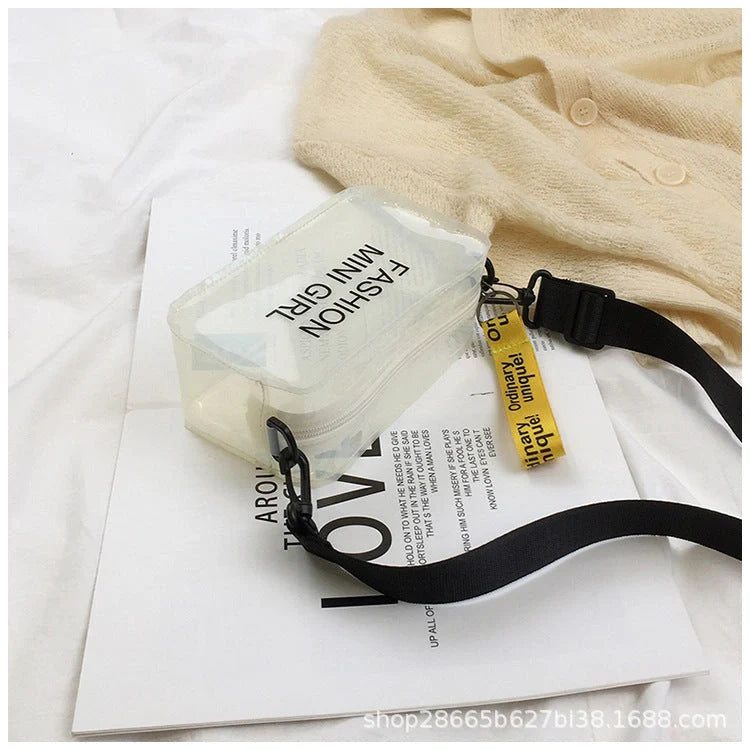 Transparent square fashion shoulder bag with adjustable strap and internal phone compartment