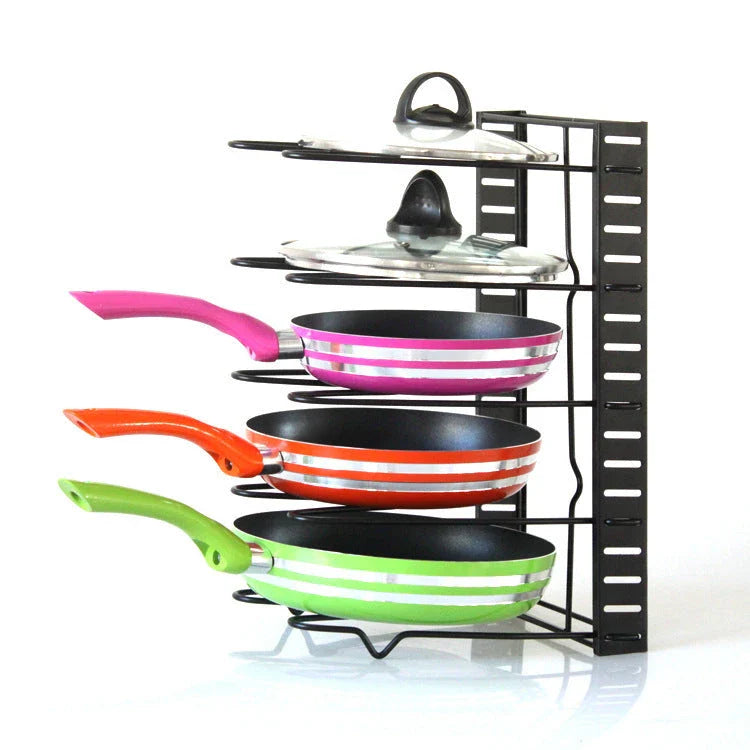 Sturdy 8-tier kitchen organiser shelf in black, featuring adjustable shelves for pots, pans, and tableware storage