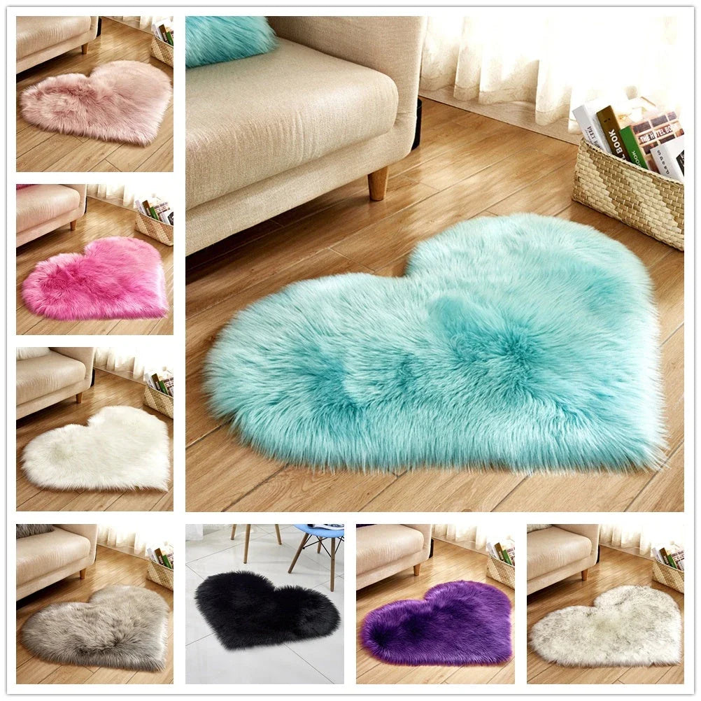 Luxury heart-shaped plush carpet in various colours and sizes, featuring a soft, non-slip design for comfortable home decor