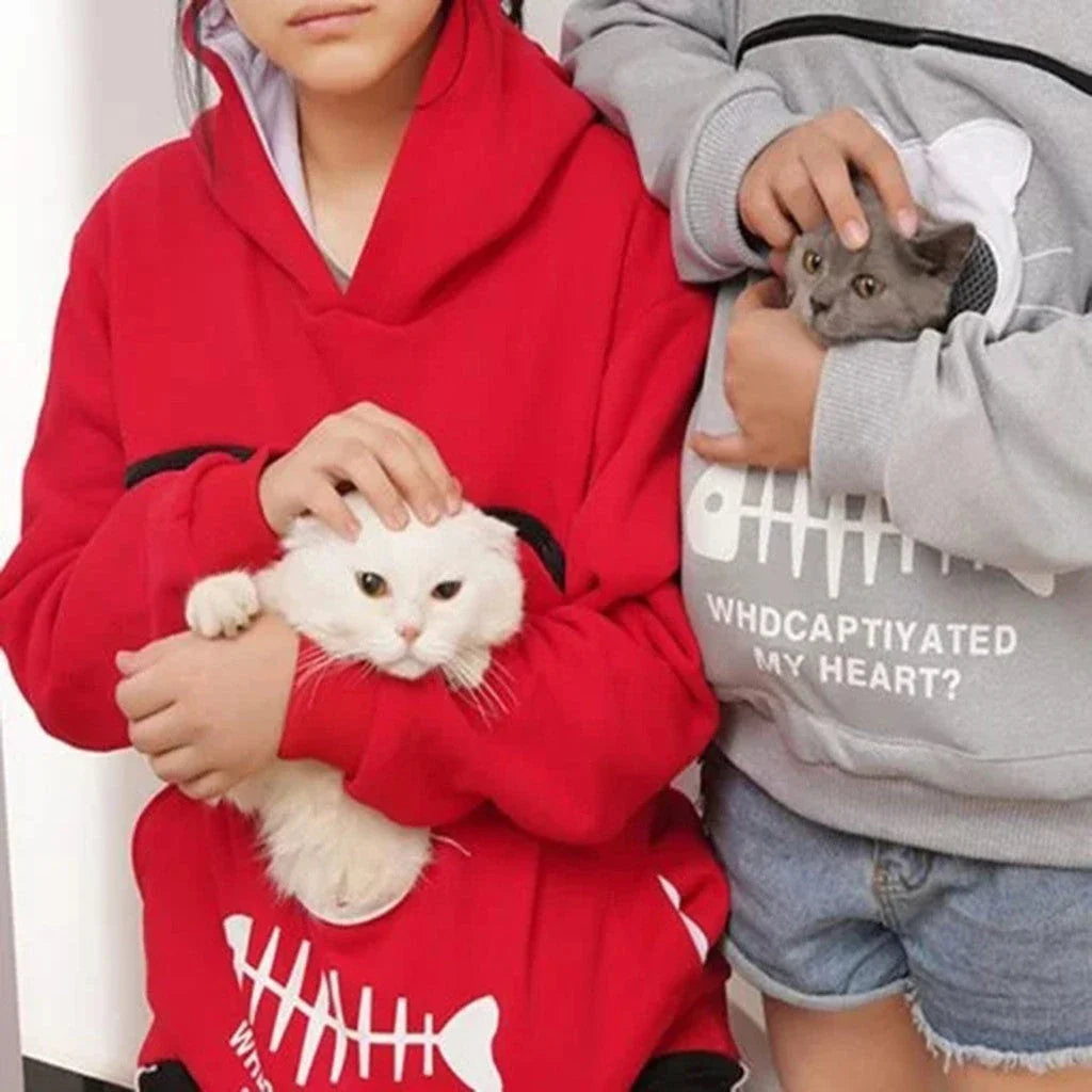 A stylish hooded jumper with a unique cat-themed pocket design, made from premium cotton fabric.