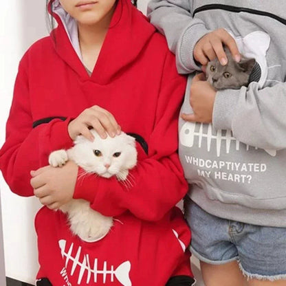 A stylish hooded jumper with a unique cat-themed pocket design, made from premium cotton fabric.