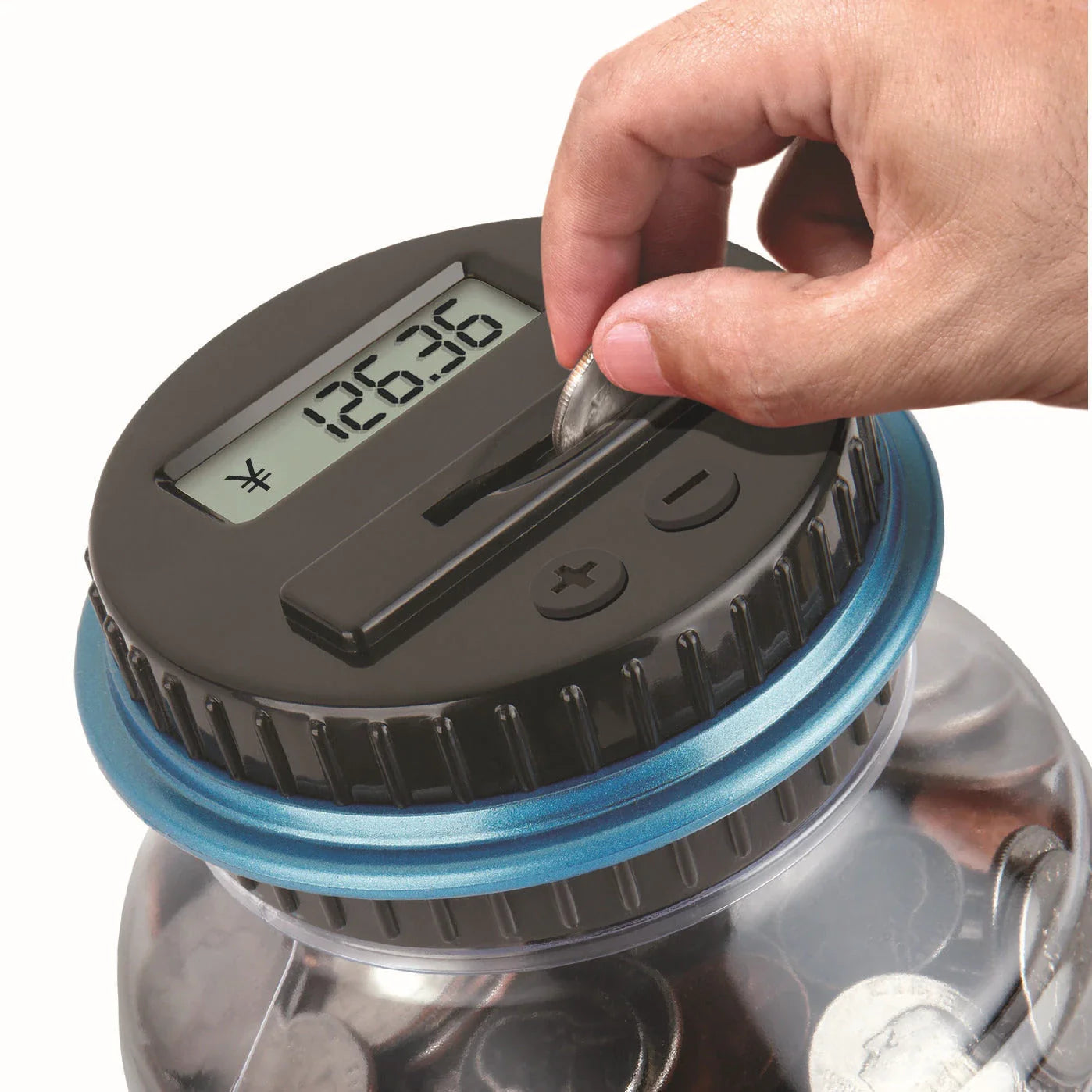 Transparent digital money box with LCD coin counter, designed for effortless coin saving and tracking in the UK