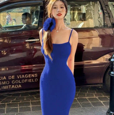 Women's spaghetti strap long dress in pink, gray, black, and blue with high waist design