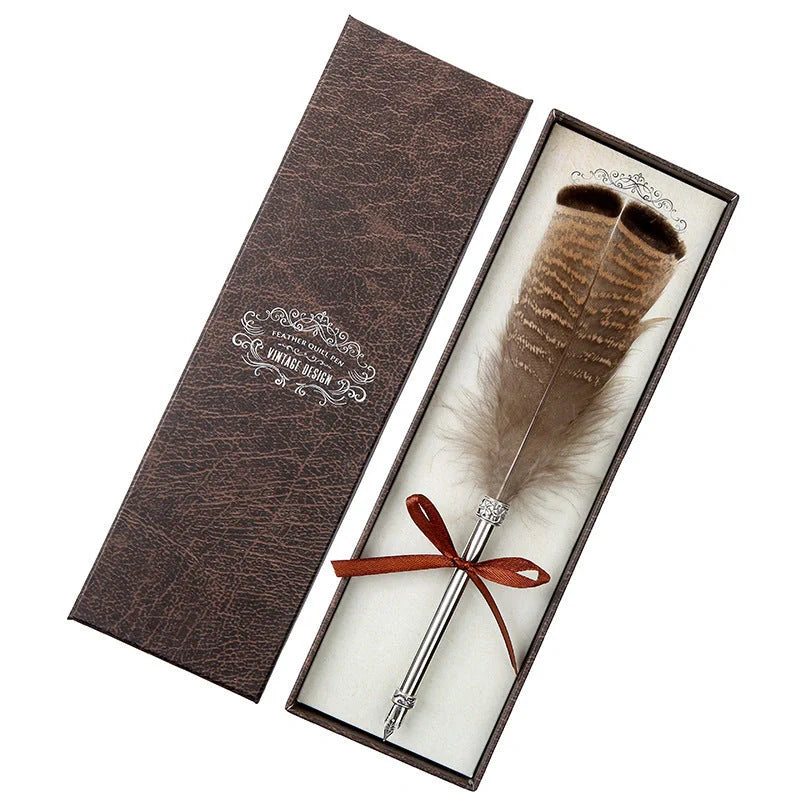 Elegant European-inspired feather pen in a luxurious gift box, showcasing its vintage-inspired design and premium stainless steel construction.