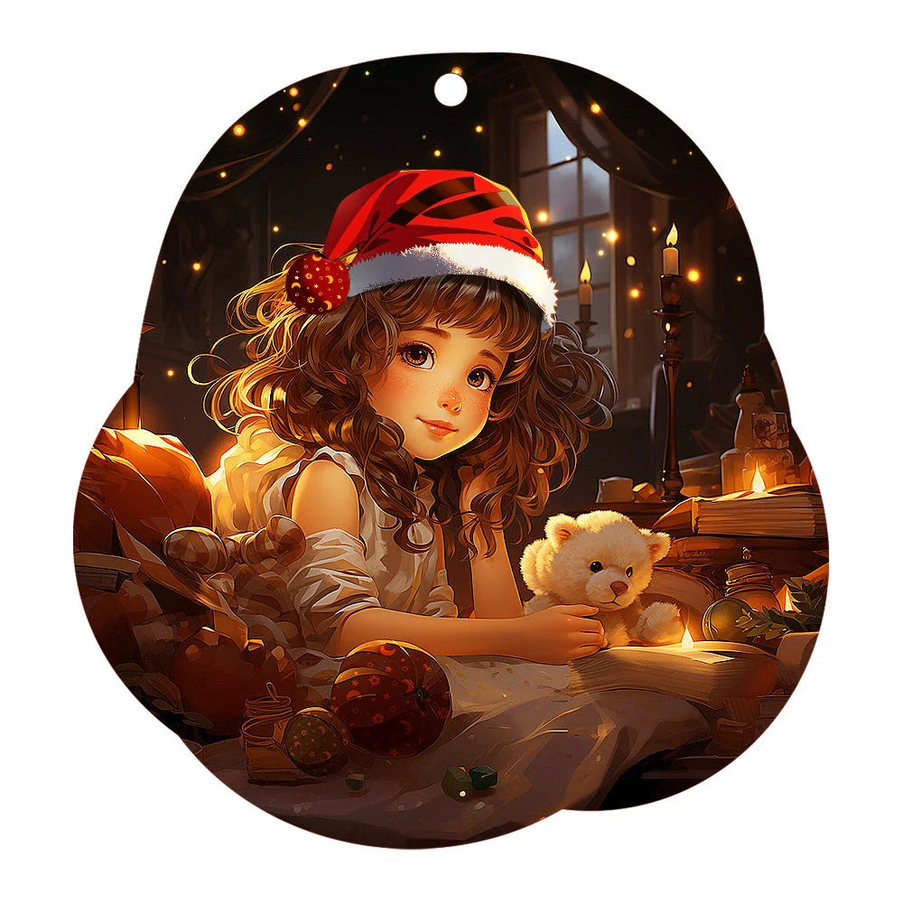 Festive car ornament hanging from rearview mirror with Christmas designs