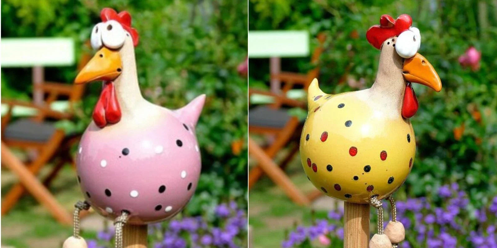 Charming resin chicken ornaments in various colours and set sizes, perfect for adding whimsical British-inspired decor to gardens and outdoor spaces.