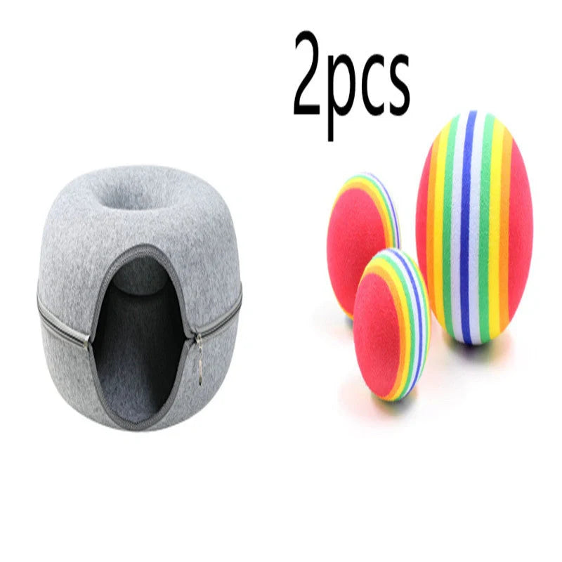 Round woolen felt cat nest with tunnel for interactive play, available in multiple colors and sizes