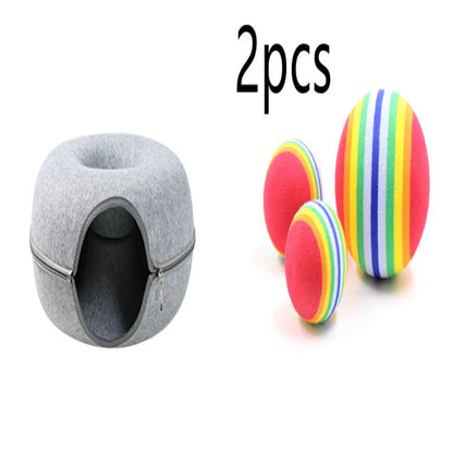 Round woolen felt cat nest with tunnel for interactive play, available in multiple colors and sizes