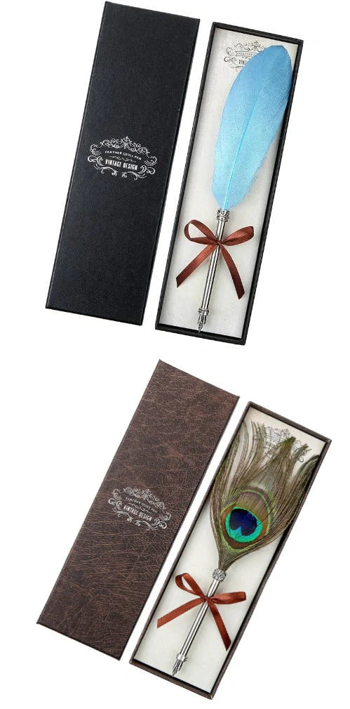 Elegant European-inspired feather pen in a luxurious gift box, showcasing its vintage-inspired design and premium stainless steel construction.