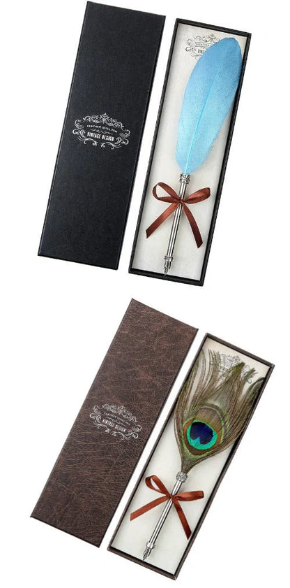 Elegant European-inspired feather pen in a luxurious gift box, showcasing its vintage-inspired design and premium stainless steel construction.