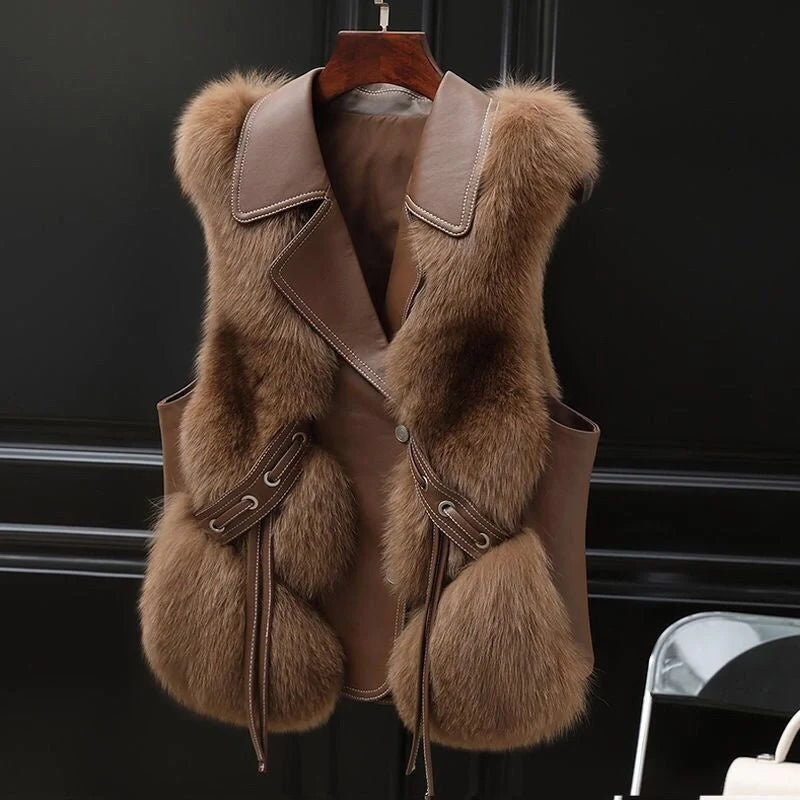Women's patchwork winter fox fur jacket in milk tea and camel colours