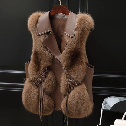 Women's patchwork winter fox fur jacket in milk tea and camel colours
