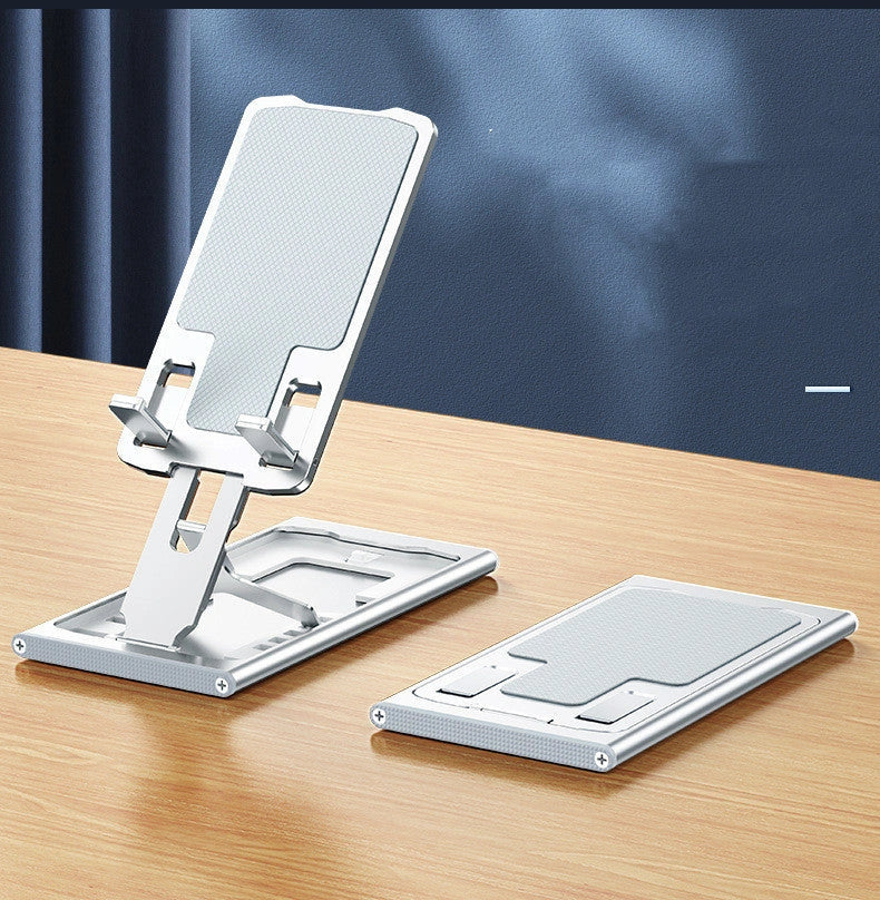 Aluminum alloy mobile phone stand in grey, rose gold, silver, and blue, adjustable and foldable