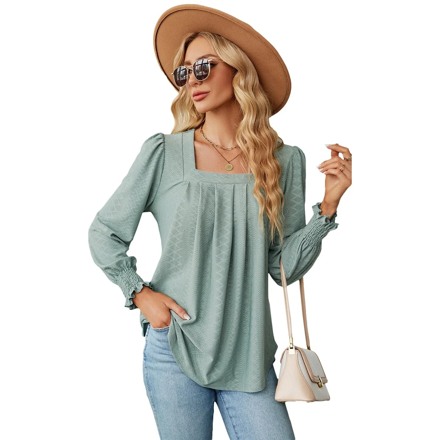 Jacquard pleated square neck T-shirt in various colours