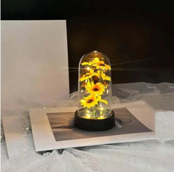 Enchanted Forever Rose in Glass LED Light decoration with realistic rose and wooden base