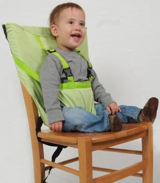 Portable baby dining chair seat with safety harness in various colors