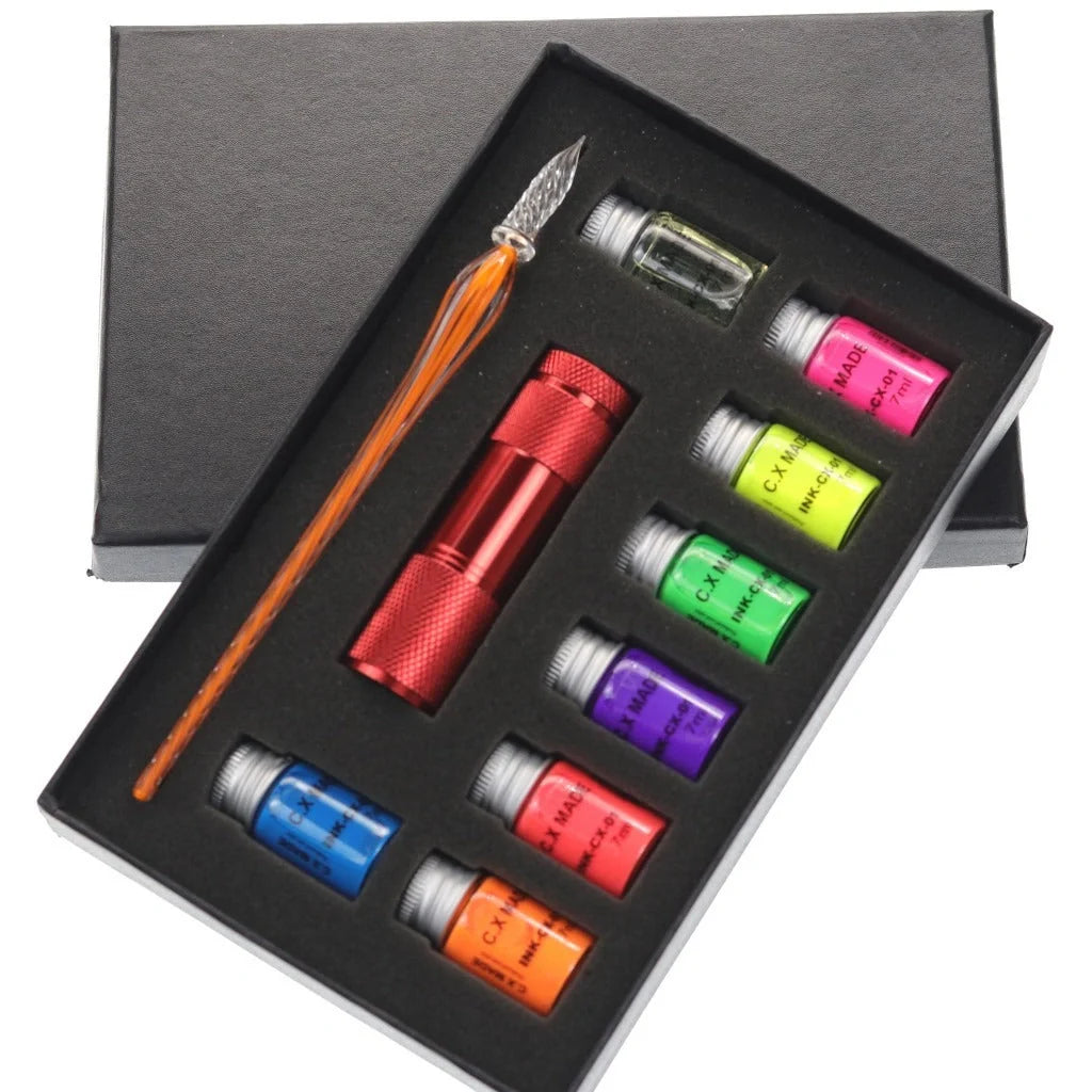 Fluorescent fountain pen dip ink set with eight glow-in-the-dark colours