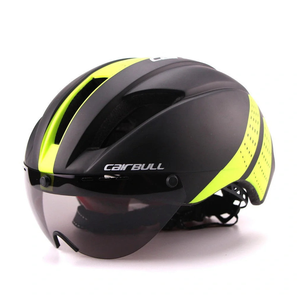 Aero cycling helmet with magnetic lens and adjustable fit for competitive cyclists