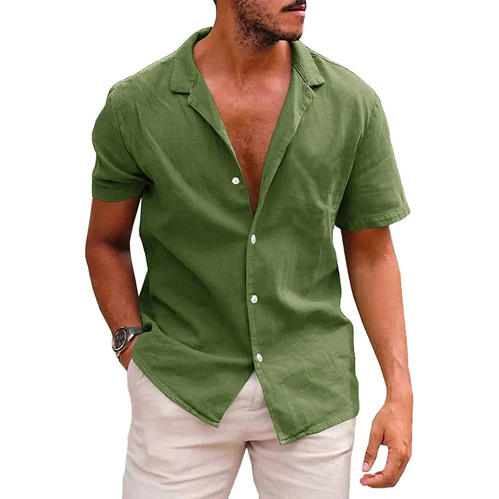 Men's casual linen-cotton blend short sleeve button-down shirt in various colours