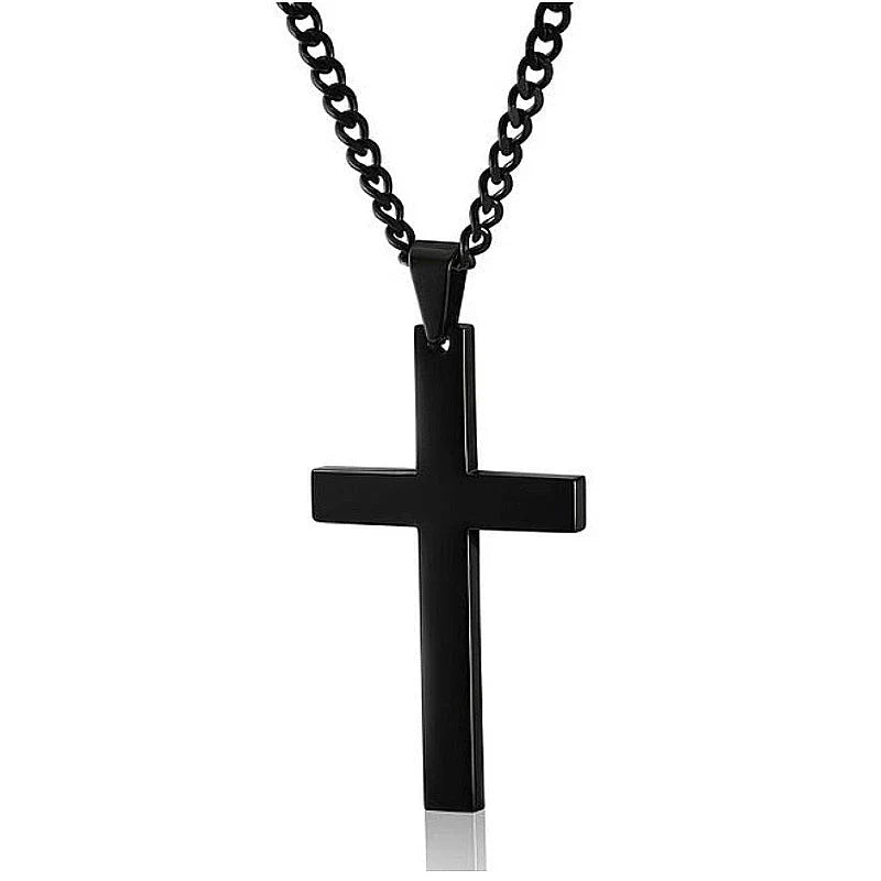 Stainless steel cross pendant necklace in black, silver, and gold colours, showcasing a classic and elegant design