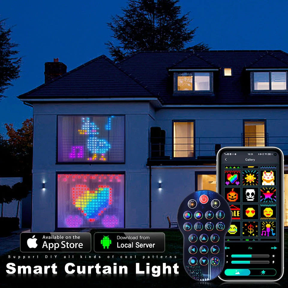 Smart LED RGB Curtain String Lights with Bluetooth control and waterproof design