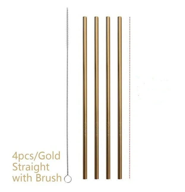 Vibrant reusable stainless steel straws set with cleaning brush, eco-friendly alternative to plastic