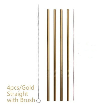 Vibrant reusable stainless steel straws set with cleaning brush, eco-friendly alternative to plastic