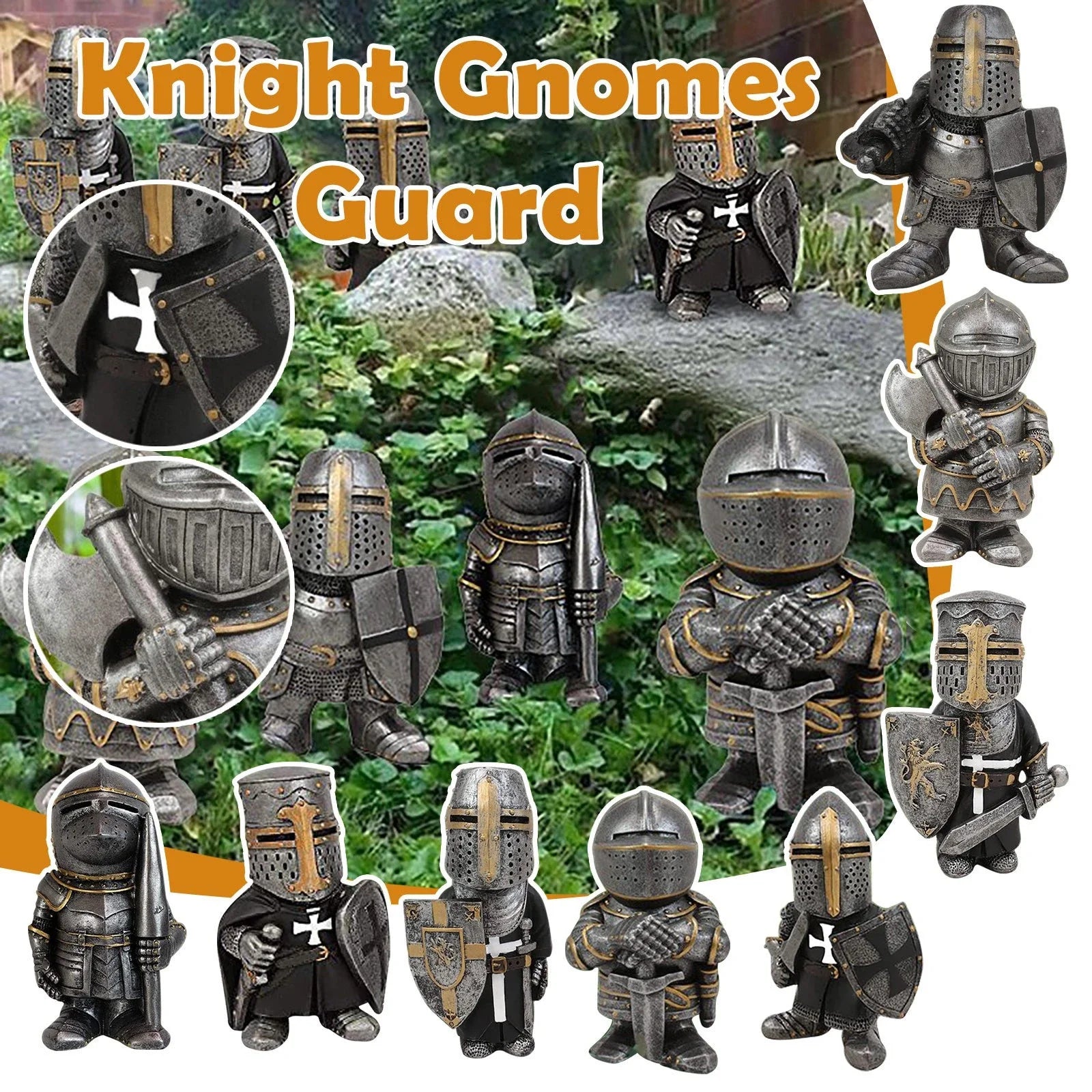 Whimsical resin dwarf knight statues in classic medieval armor and weaponry, standing guard over a garden or outdoor space