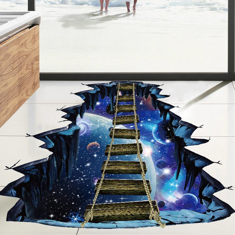 Vibrant 3D wall sticker featuring a creative cosmic design with planets, suspension bridge, and space elements