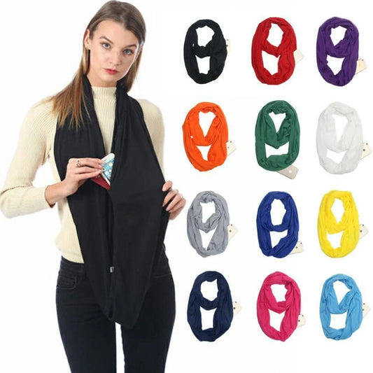 Solid colour pocket scarf with zippered pocket in various colours
