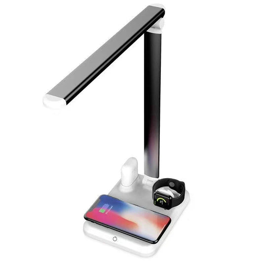 Multifunctional LED desk lamp with wireless charging station, adjustable lighting, and touch controls