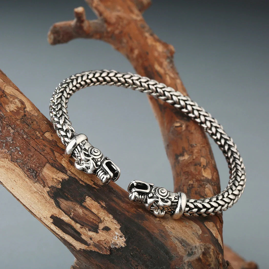 Asgard Crafted Small Handcrafted Stainless Steel Grey Wolf Head Torc Bracelet in silver and gold
